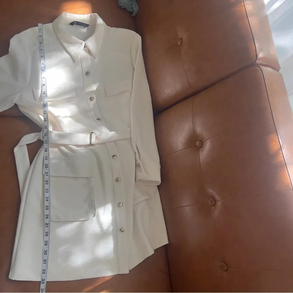 ZARA Women’s XL Gold Button Utility Belted Shirt Dress Ivory Cream Butter White - Picture 12 of 13